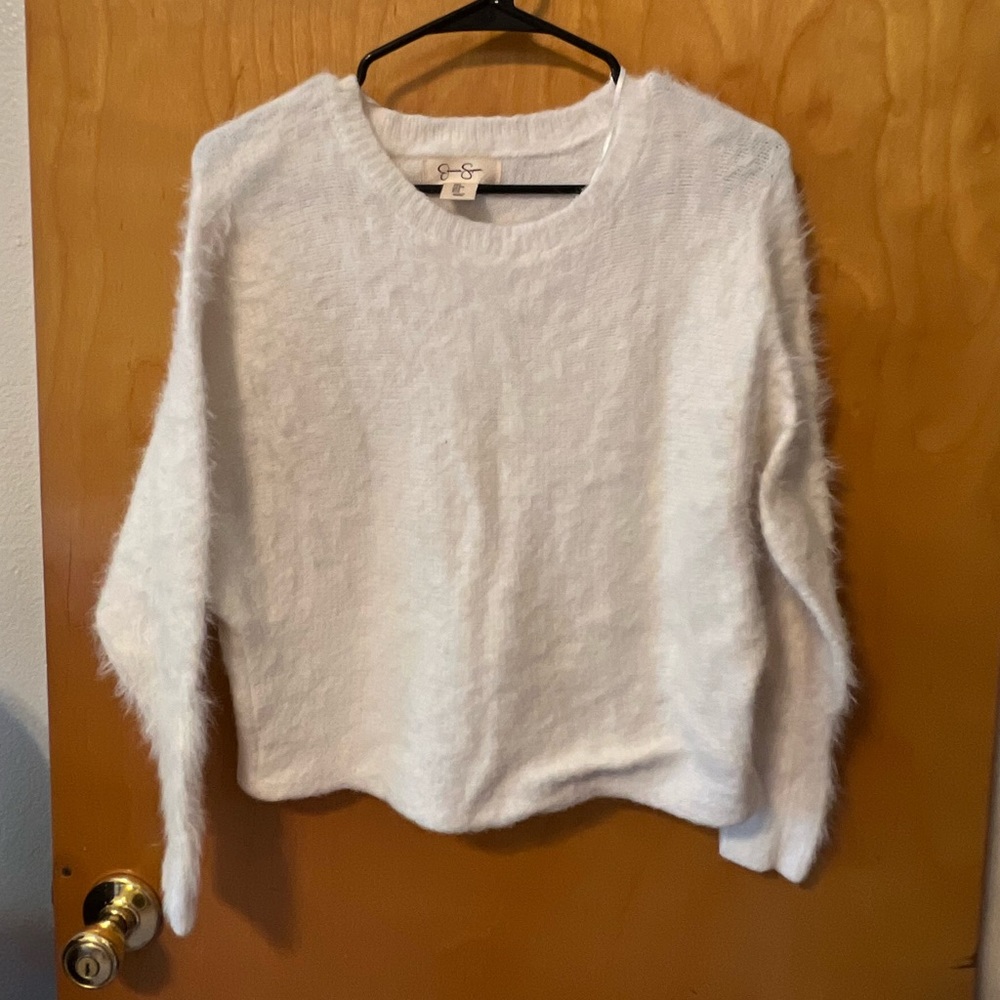 Jessica Simpson, white fuzzy long sleeve, SIZE SMALL